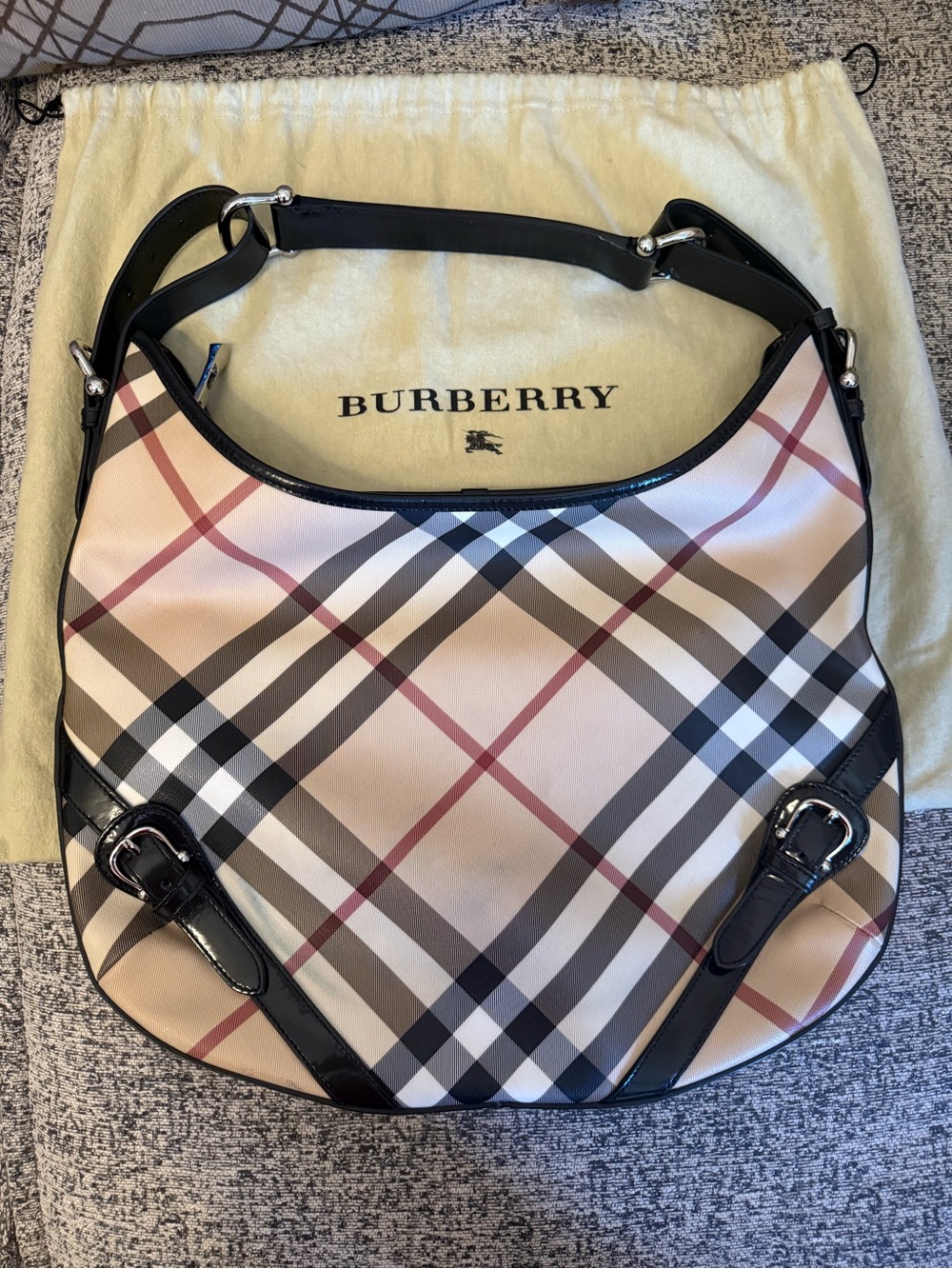 Burberry Beige Nova Check Hobo Shoulder Bag with Black Trim